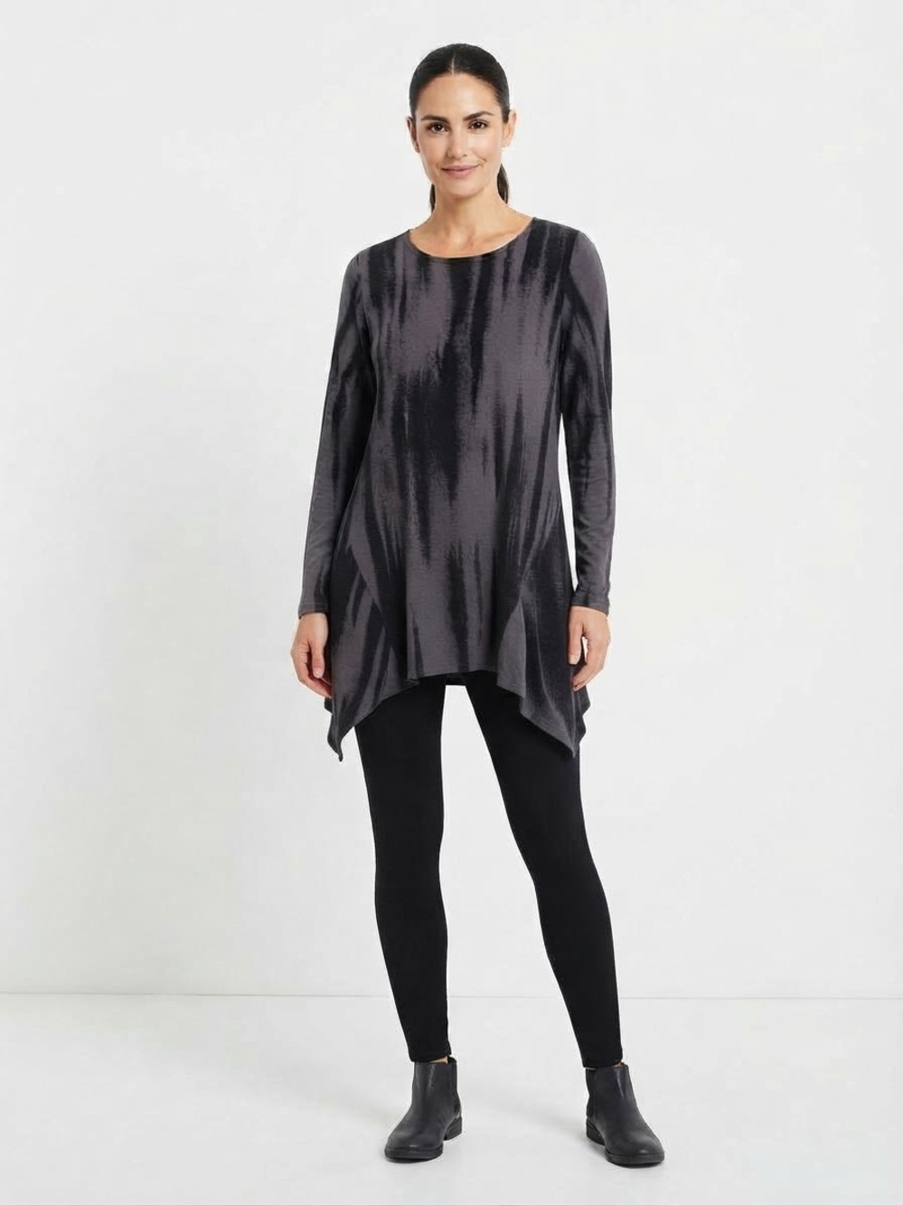 ALEMBIKA Charcoal Grey Black Striped Asymmetrical Long Sleeve Tunic Top Sz 4 / L